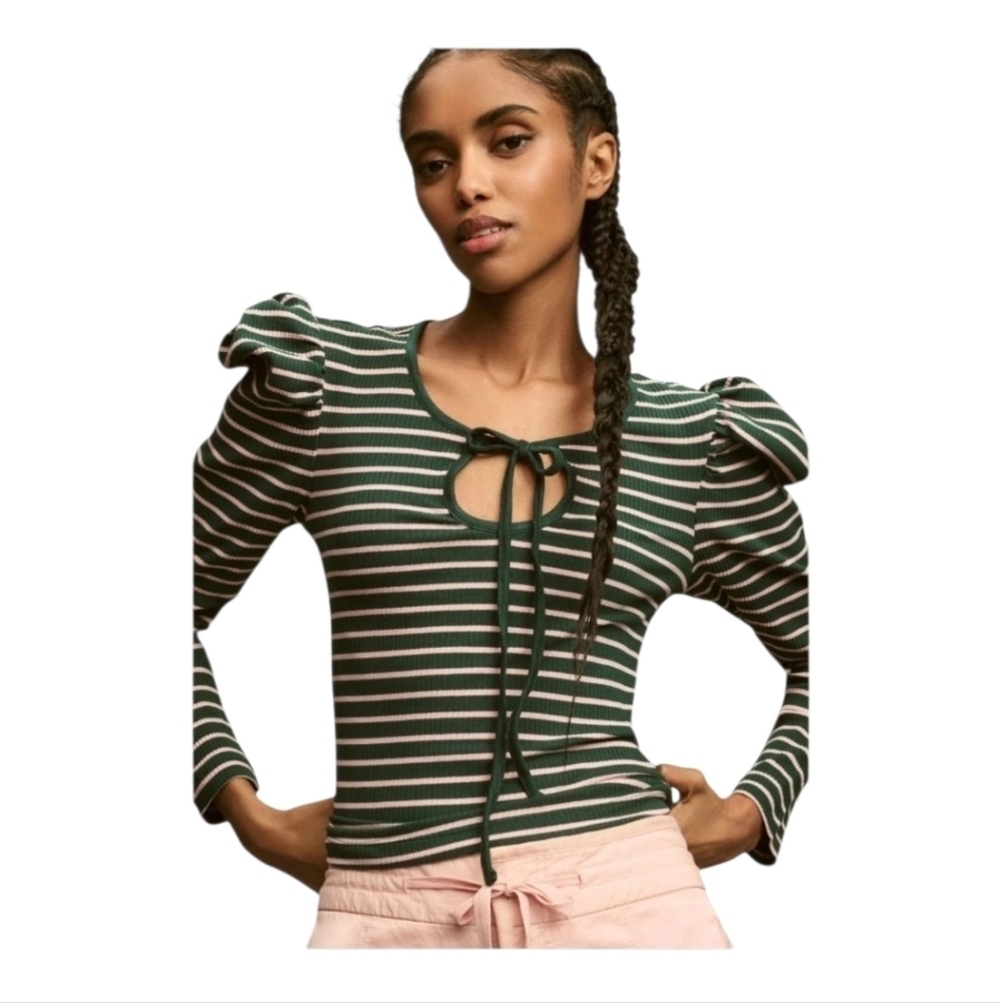 Porridge Womens Pink Striped Puff Sleeve Tie Front Ribbed Top Size Medium